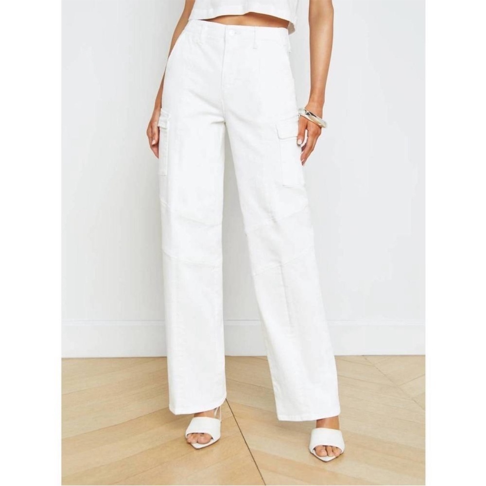 New L’Agence Brooklyn High Rise Utility Wide Leg Jeans Cargo White Sz 29